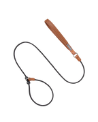Black nylon rope slip dog leash with a brown leather handle, displayed flat on a transparent background.