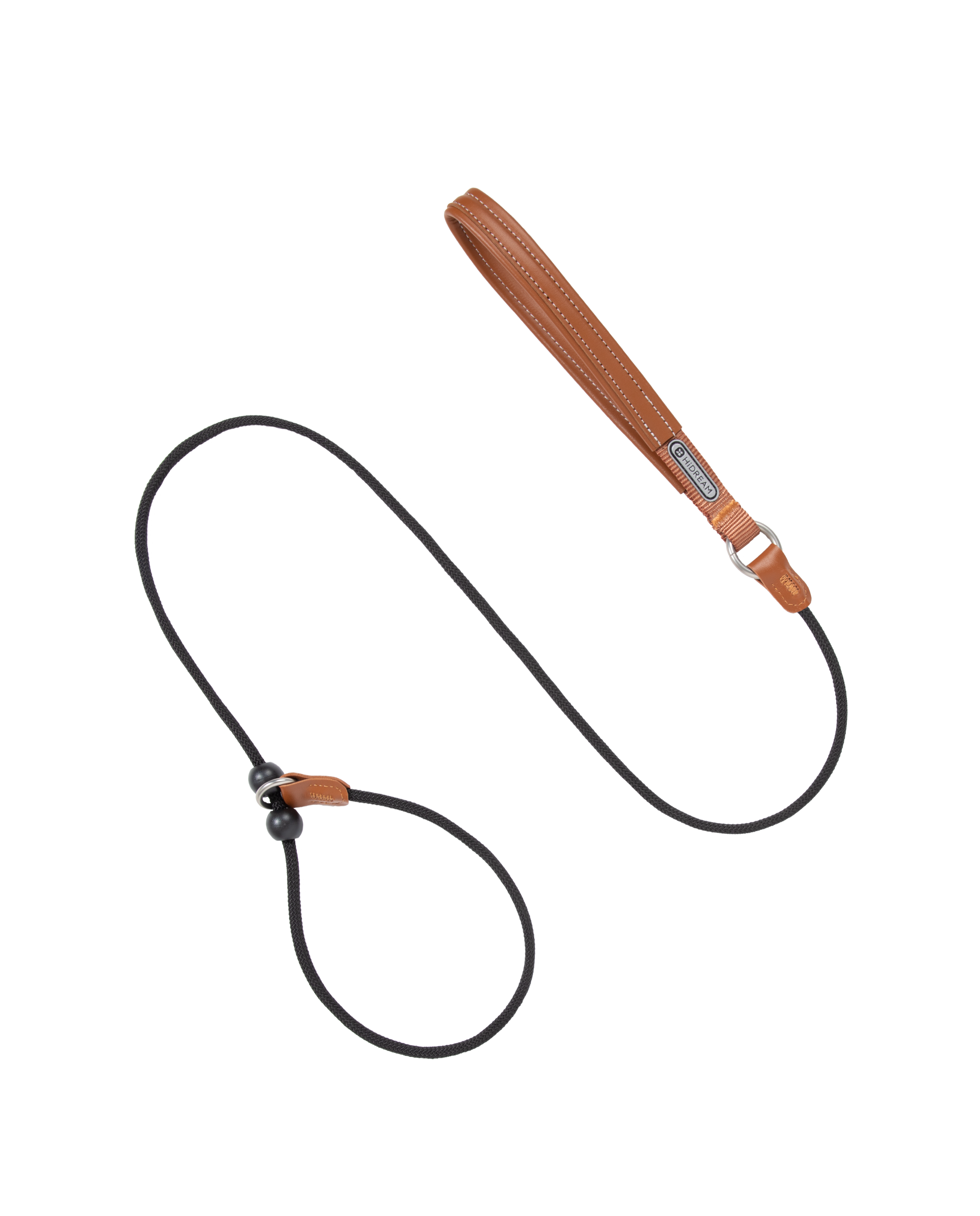 Black nylon rope slip dog leash with a brown leather handle, displayed flat on a transparent background.