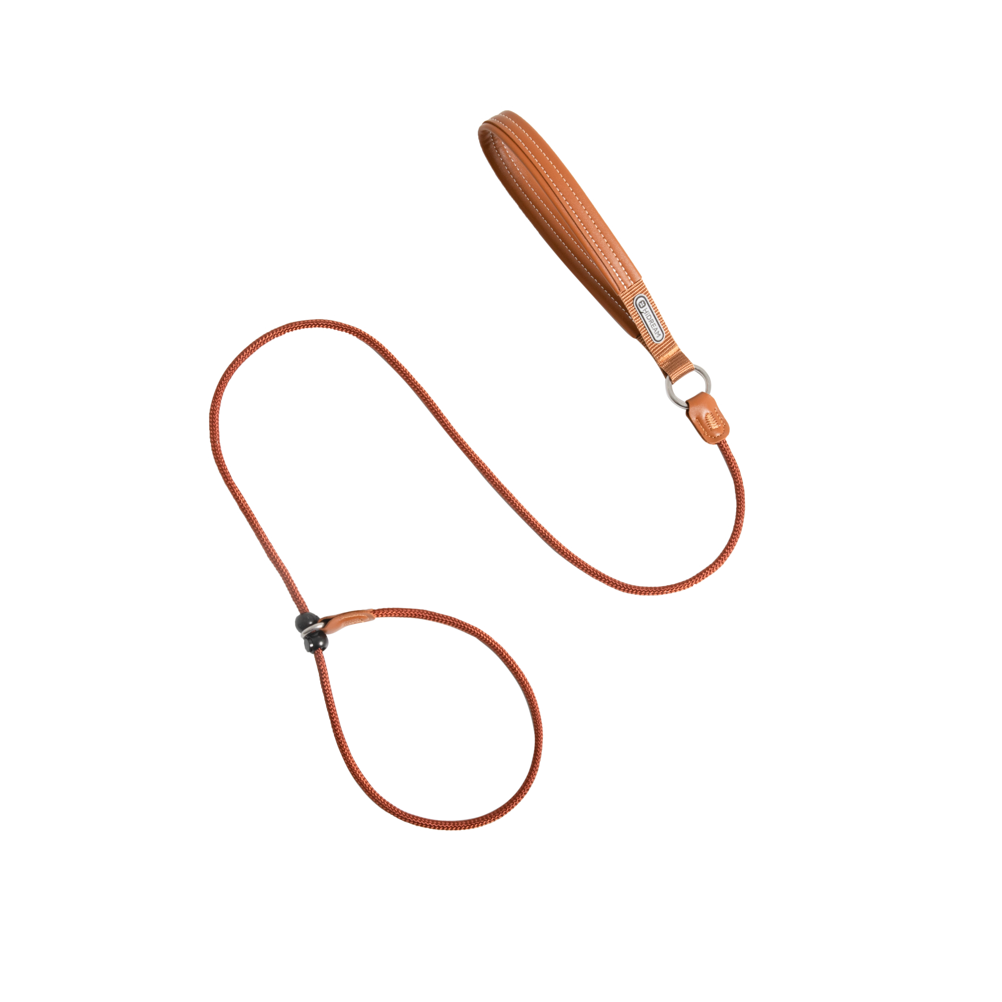 Slip dog leash with brown-red nylon rope and matching brown leather handle, shown fully laid out on a transparent background.