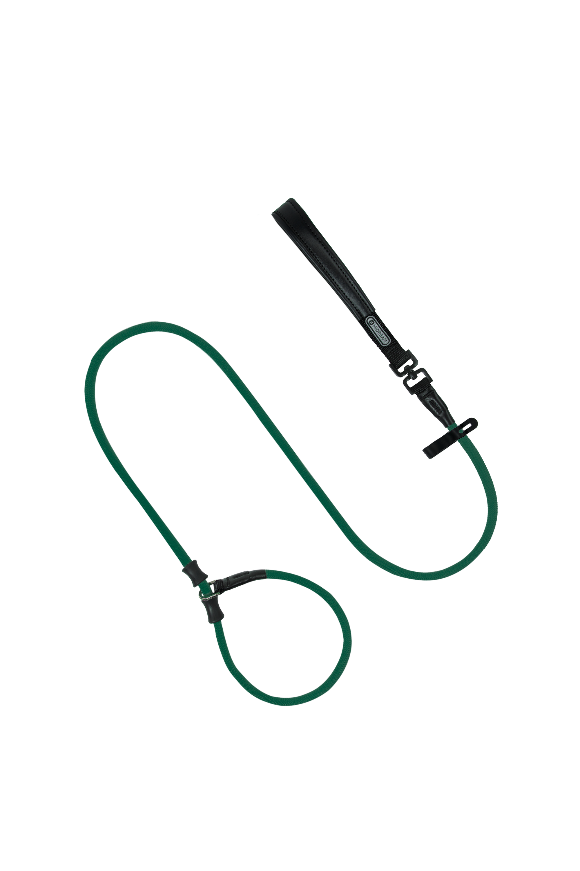 Slip dog leash in dark green nylon rope with black leather handle, shown flat on a transparent background for product overview.