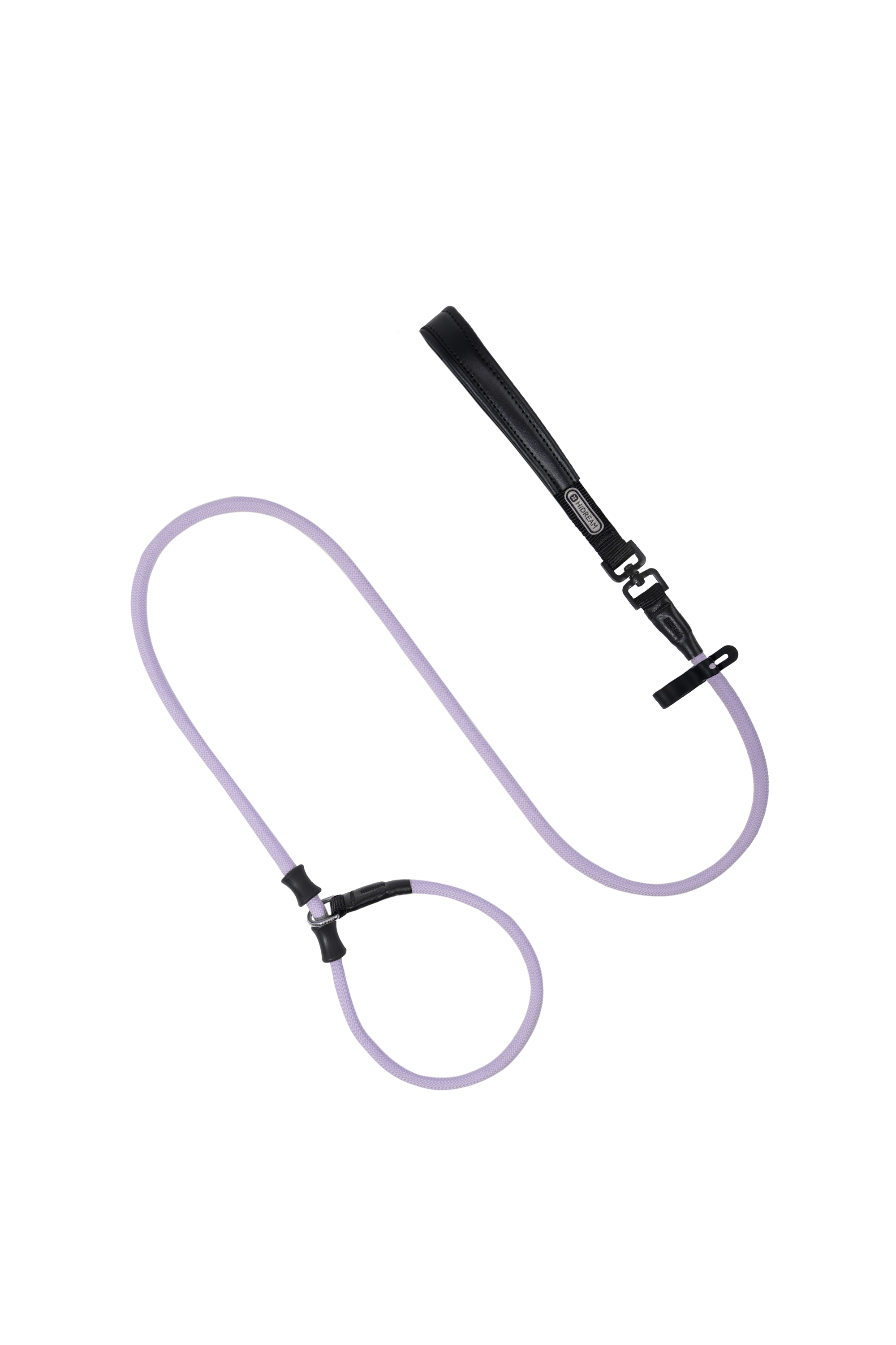 Slip dog leash in light purple nylon rope with black leather handle, displayed flat to show color and structure.