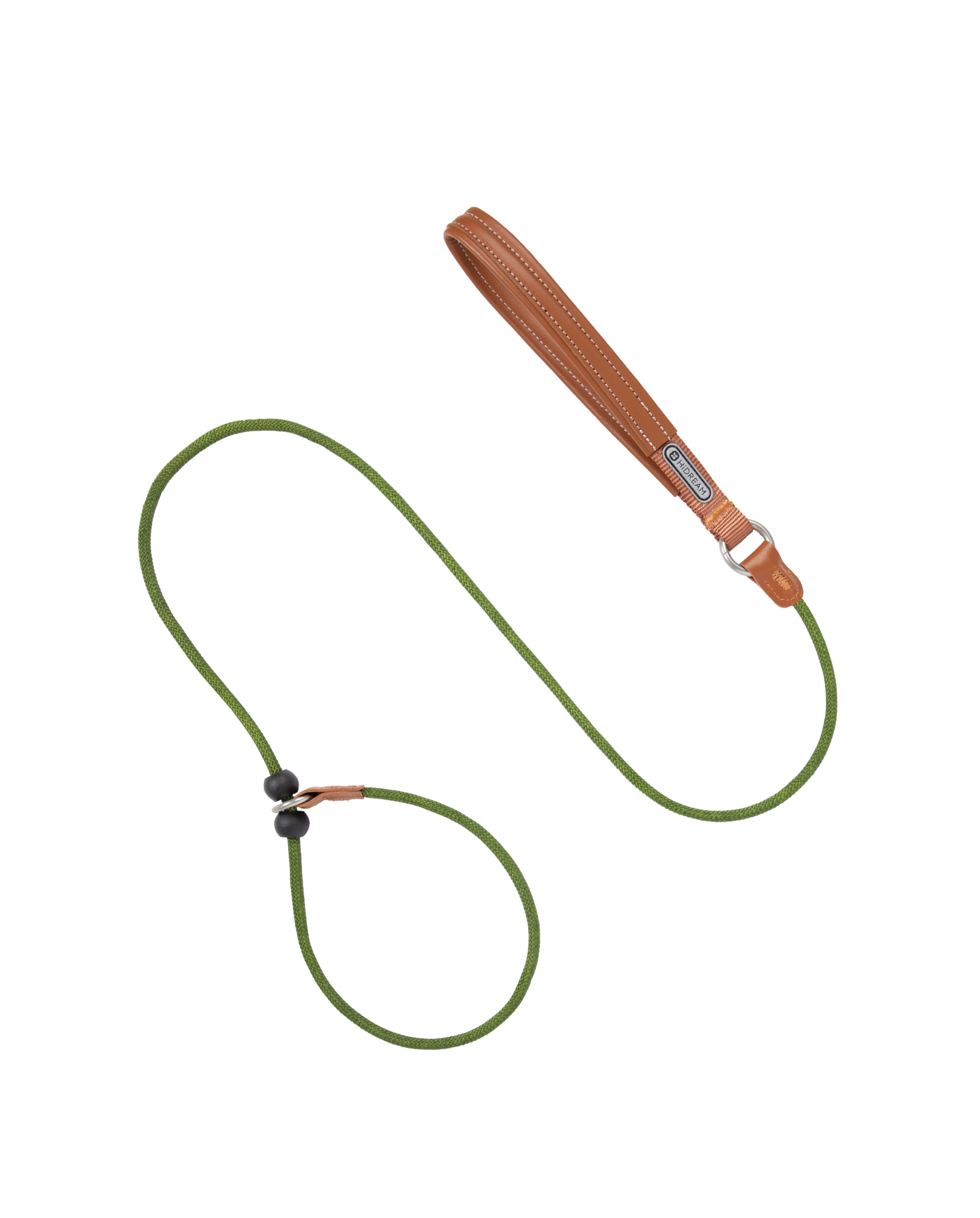 Slip dog leash featuring olive green nylon rope and a brown leather handle, displayed flat on a transparent background.