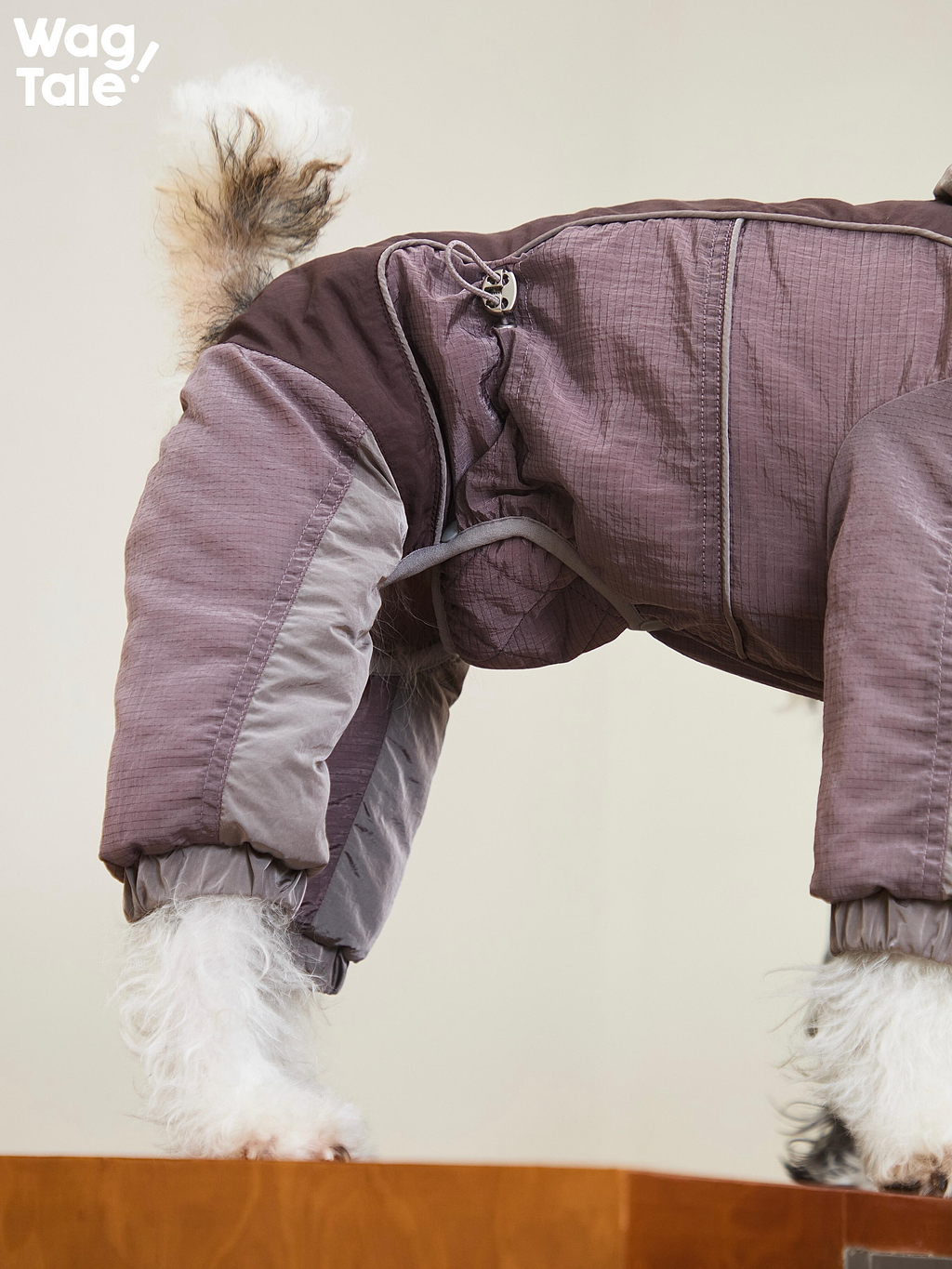 Close-up side view of a dog wearing the Snowy Forest 2.0 four-leg dog suit; leg openings and body panels show a fitted winter jumpsuit designed for movement and warmth.
