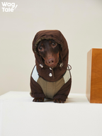 Front view of a dachshund sitting in the Snowy Forest 2.0 hooded dog suit; adjustable drawstrings and insulated panels provide extra protection in cold conditions.