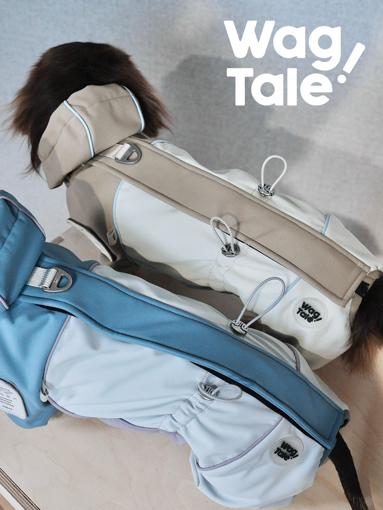 Back view of two dogs wearing Snowy Forest four-leg dog suits, displaying the streamlined back panel, built-in leash attachment points, and balanced fit for active outdoor movement.