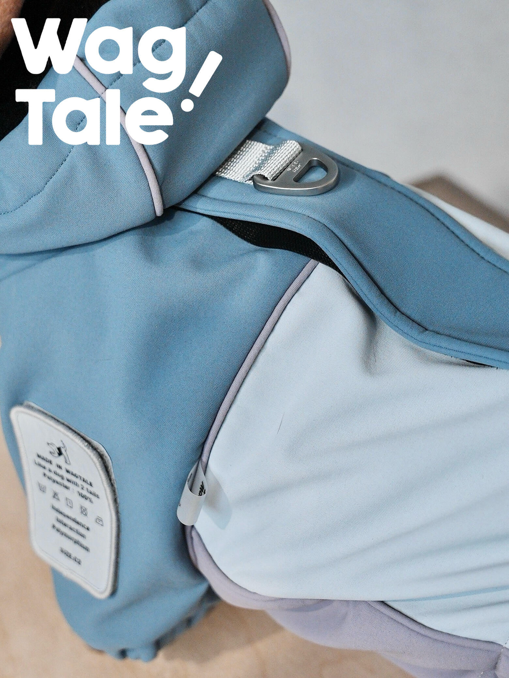 Close-up of the Snowy Forest waterproof dog jacket showing reinforced leash ring, durable webbing strap, and smooth outdoor fabric designed for winter walks and daily use.