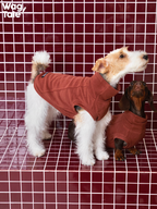 Two small dogs wearing brick red stretch dog jumpers, demonstrating flexible fit and balanced warmth across different body shapes.