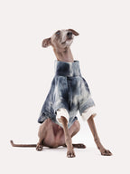 Tie dye corduroy dog shirt worn by an Italian Greyhound, featuring a soft ribbed texture and relaxed fit