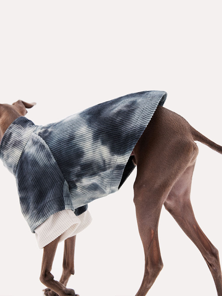Back view of a tie dye dog sweater with a loose silhouette, ideal for slender dogs and indoor wear