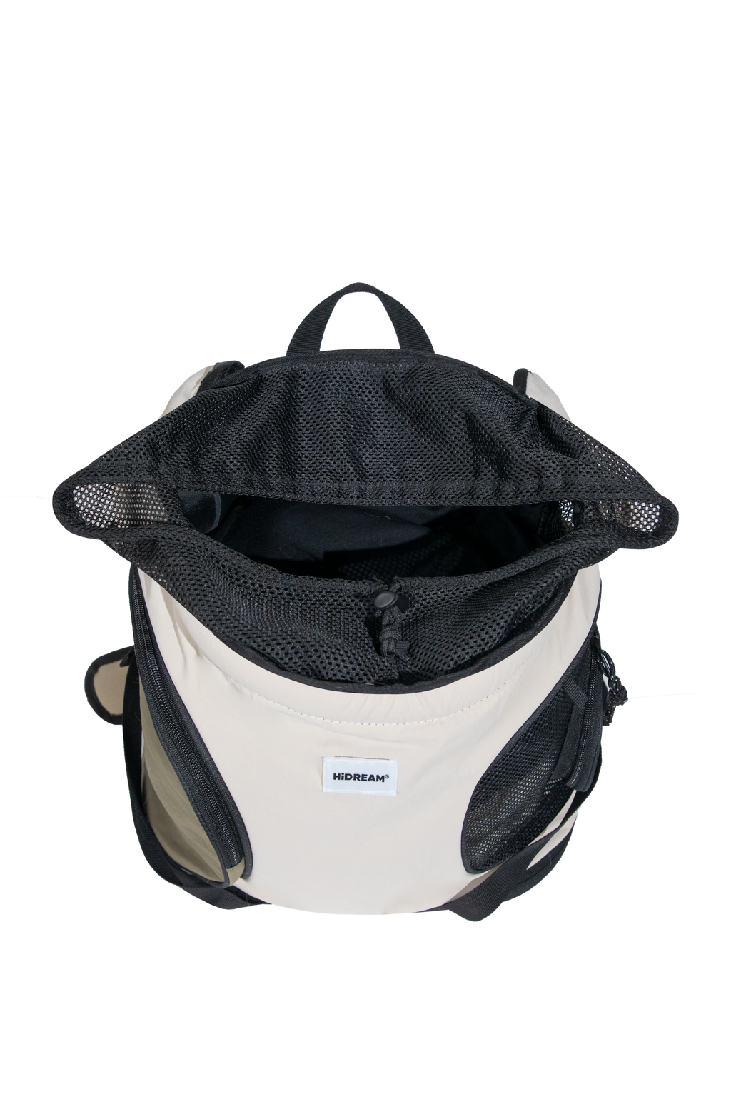 Top view of a front pet carrier with wide breathable mesh opening and adjustable drawstring for airflow and visibility