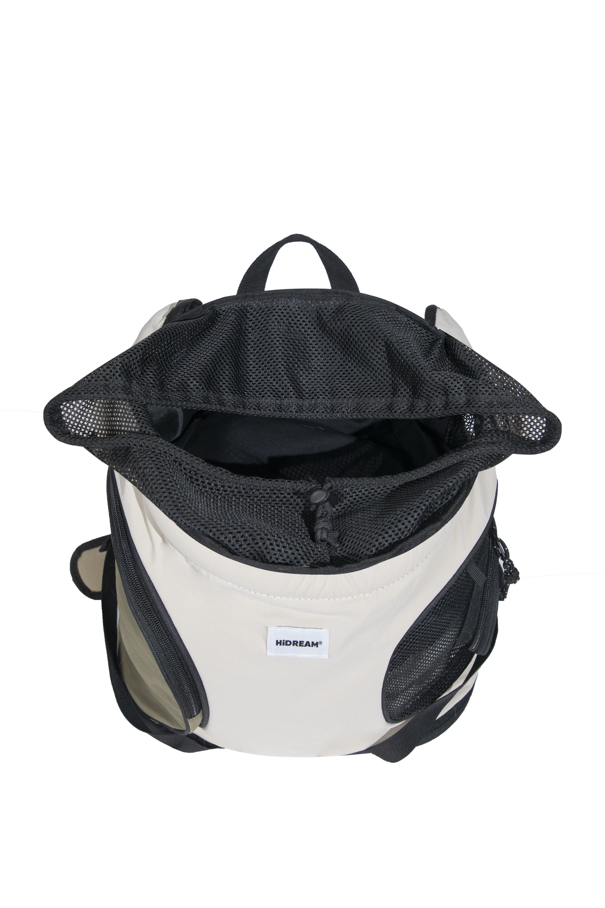 Top view of a front pet carrier with wide breathable mesh opening and adjustable drawstring for airflow and visibility