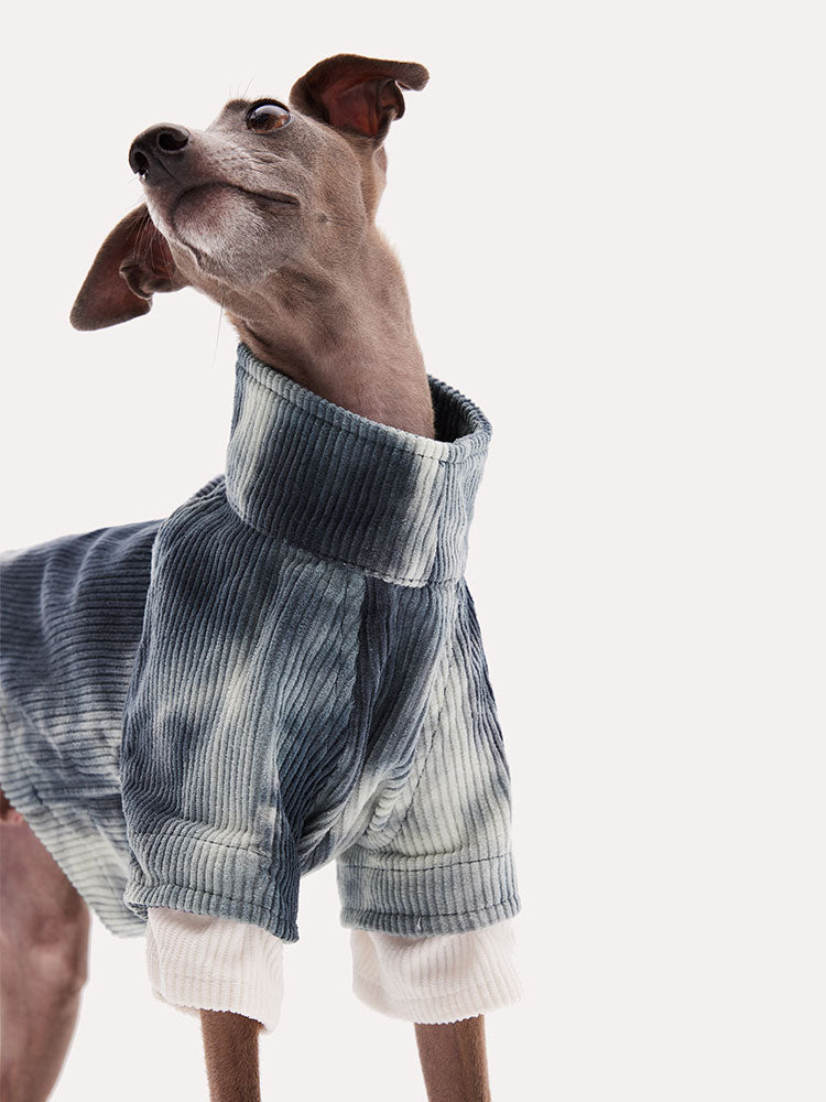 Corduroy dog shirt with tie dye finish, featuring a rolled turtleneck and soft cuffed sleeves