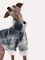 Corduroy dog shirt with tie dye finish, featuring a rolled turtleneck and soft cuffed sleeves