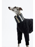Side profile of a black dog winter jacket designed for a slim and streamlined fit