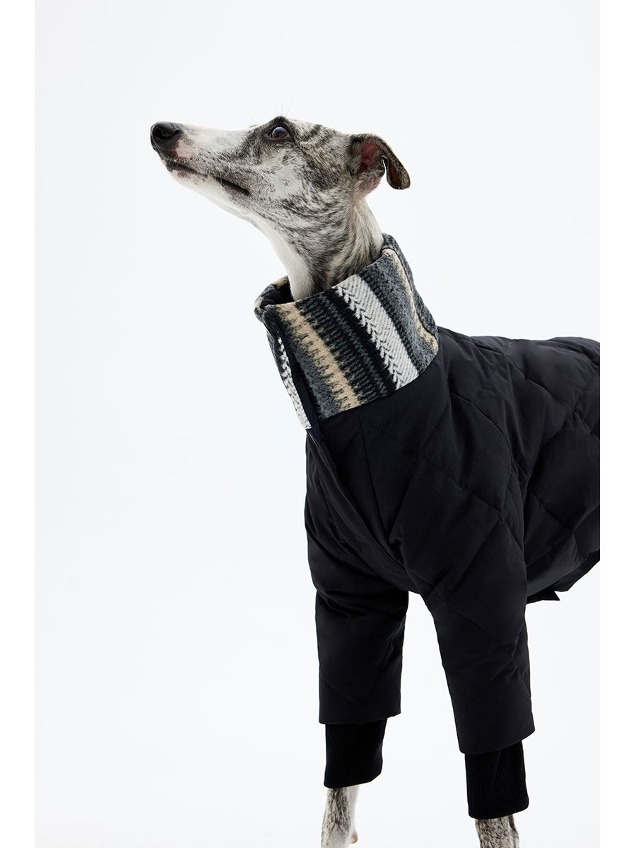 Side profile of a black dog winter jacket designed for a slim and streamlined fit