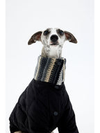 High neck dog down jacket with textured knit collar for added warmth and comfort