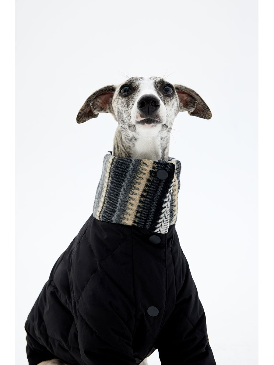 High neck dog down jacket with textured knit collar for added warmth and comfort