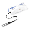 White retractable dog leash with strap and metal clip visible
