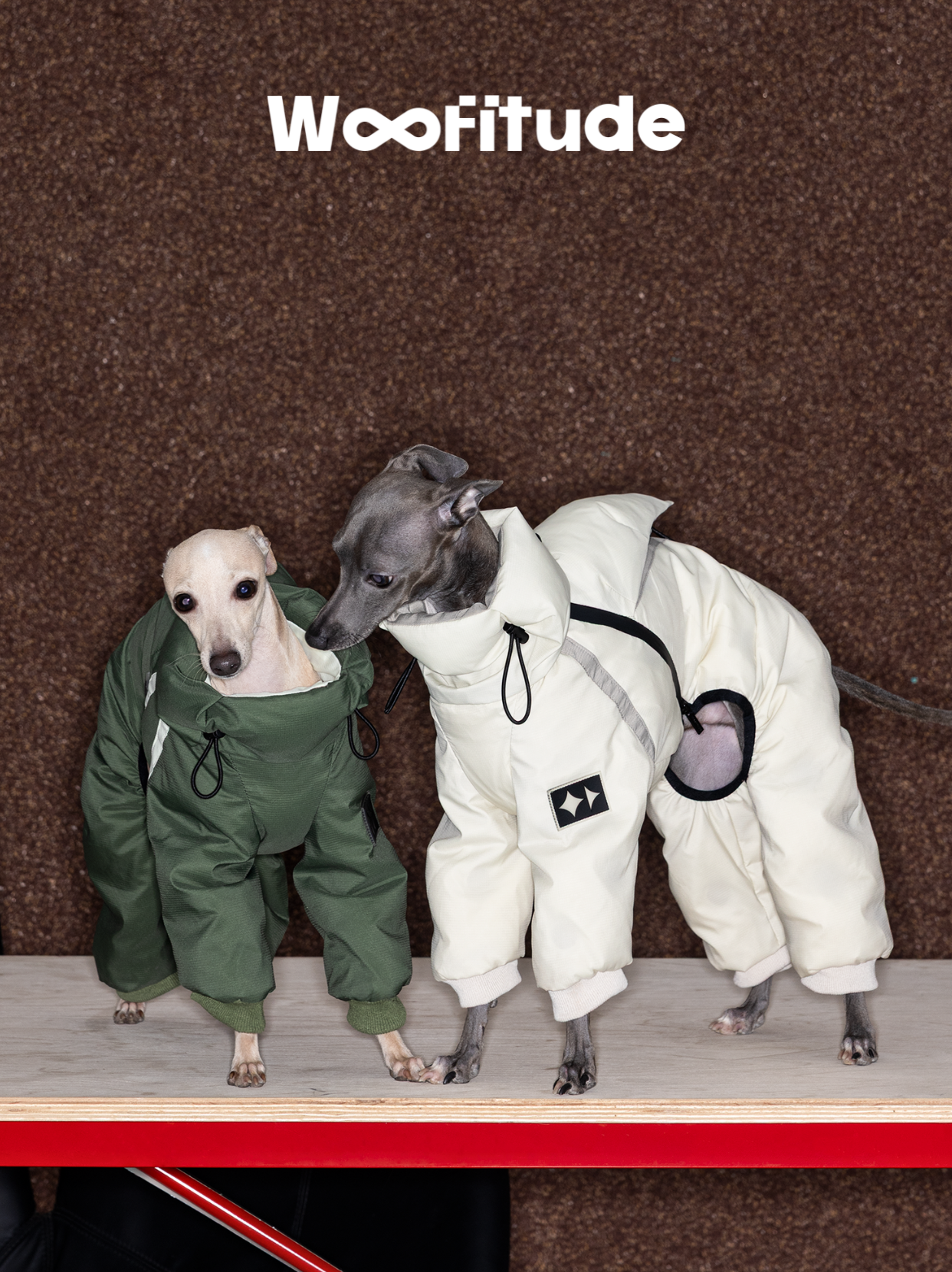 Side view of Italian Greyhound in a cream-colored down-filled dog suit, showing full-body coverage, adjustable collar, and ergonomic leg openings for winter wear.