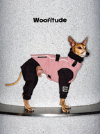 Technical full-body dog suit in pink, designed for cold weather with flexible leg construction and an adjustable buckle system.