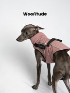 Back and side view of a pink full-body dog suit, highlighting adjustable straps, reflective piping, and a streamlined winter design.