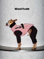 Pink winter dog suit with full-body and four-leg coverage, combining warmth, flexibility, and a minimalist sport-inspired design.