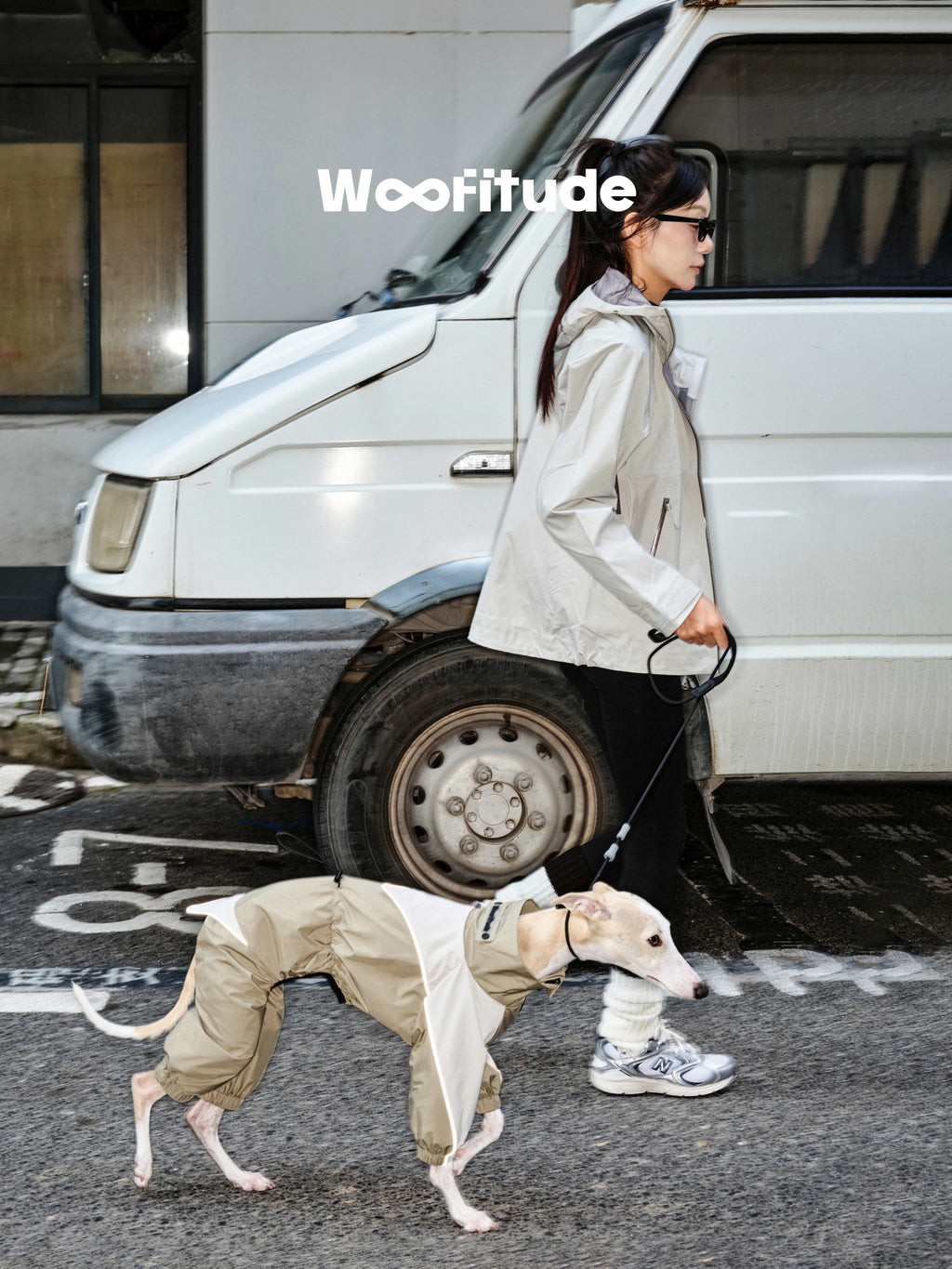 Side view of a dog on leash wearing a technical dog jacket, designed for urban walking and all-weather protection.