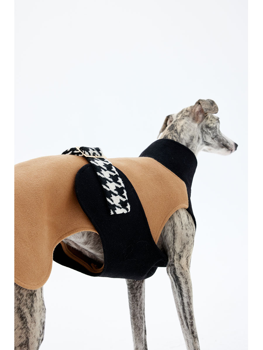 Back view of a sleeveless wool dog coat showing panel construction and coverage