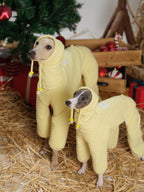Two dogs wearing yellow quilted dog jumpsuits standing side by side in a festive Christmas setting.